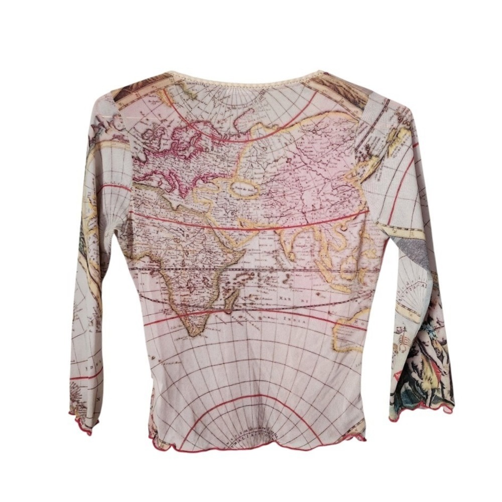 BY MAURICE Vintage Y2K Sheer Mesh Top Renaissance Map Floral Patchwork Print M - Picture 3 of 12